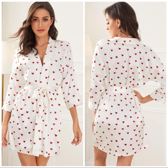 Boutique Other - New White Satin Silk-Like Kimono Robe w/ Hearts